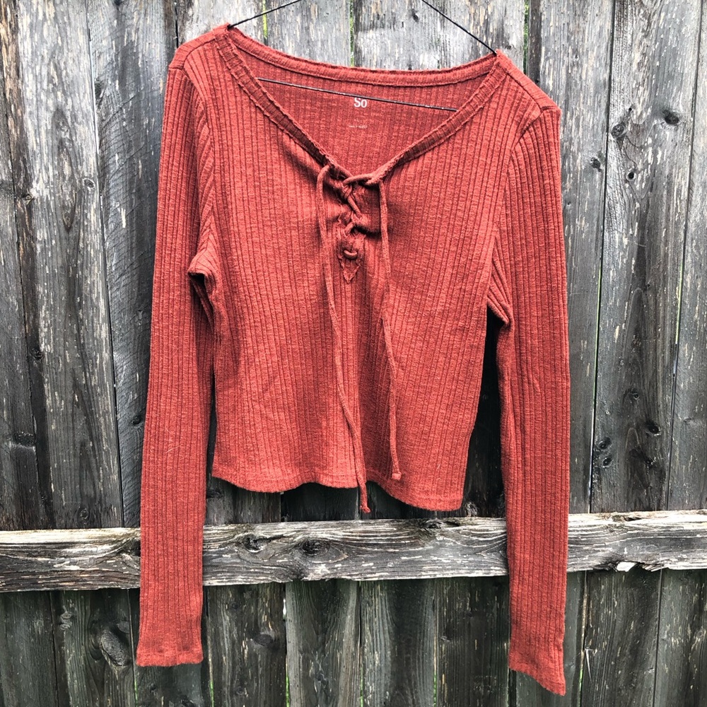 SO Lace-Up Ribbed Long Sleeve Top in Rust Orange